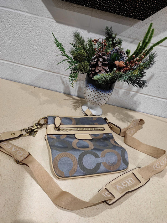 Coach Crossbody Purse Cream with blue and tan pattern