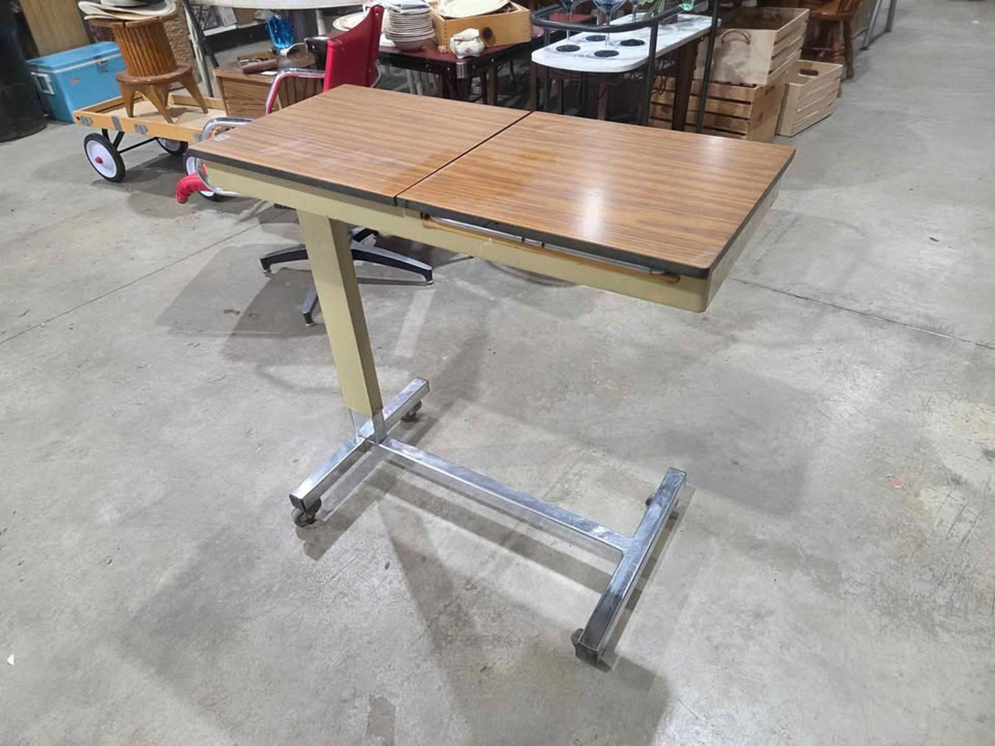 Vintage Adjustable Rolling Overbed Table w/ Storage & Mirror - 1974