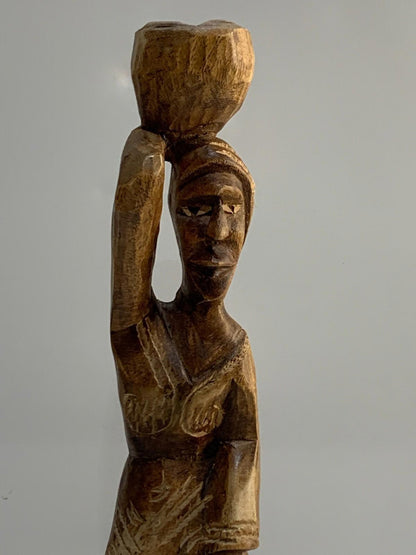Hand Carved Wood Haitian or African Woman. Figurine with Basket
