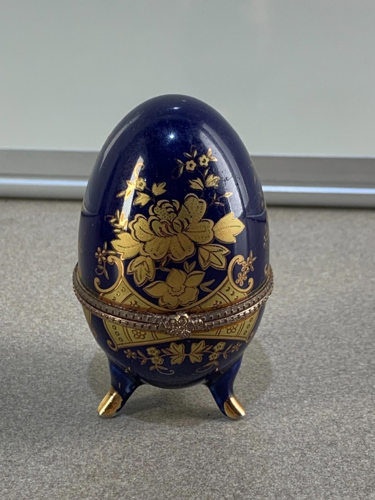 Floral AKM Vintage Porcelain Blue Egg Footed Trinket Box