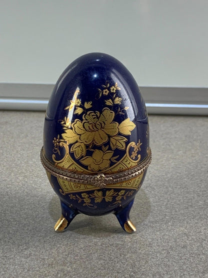 Floral AKM Vintage Porcelain Blue Egg Footed Trinket Box