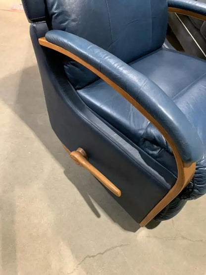 Blue Lazy-boy Leather Recliner with wooden handle