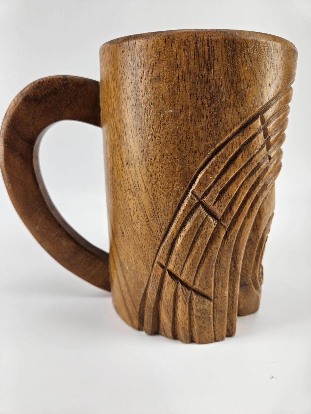 Tiki Hand Carved Wood Tankard Stein 8"