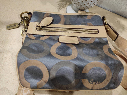 Coach Crossbody Purse Cream with blue and tan pattern