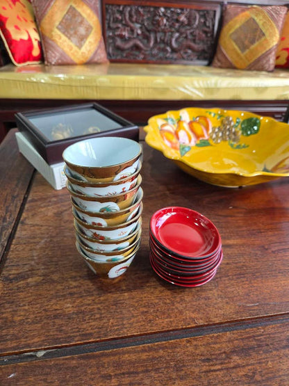 Set of 8 Asian Dragon Design Tea Cups w/ Red Saucers