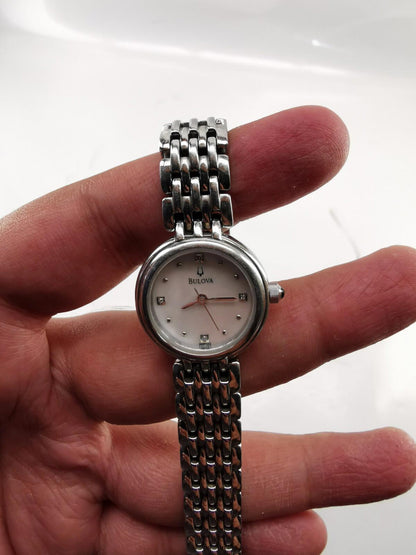 Ladies Bulova 96P122 Diamond Petite Watch, Mother-of-Pearl Dial, Silvertone