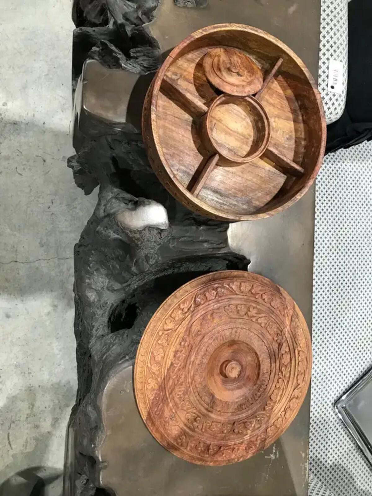 Hand Carved Wooden Dish with Lid and Segments