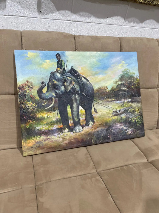 Vintage oil painting Asian elephant