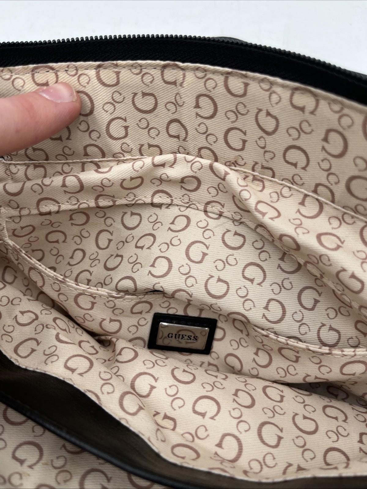 Guess Los Angeles Black Embossed Logo Satchel Purse Structured Tote Classic