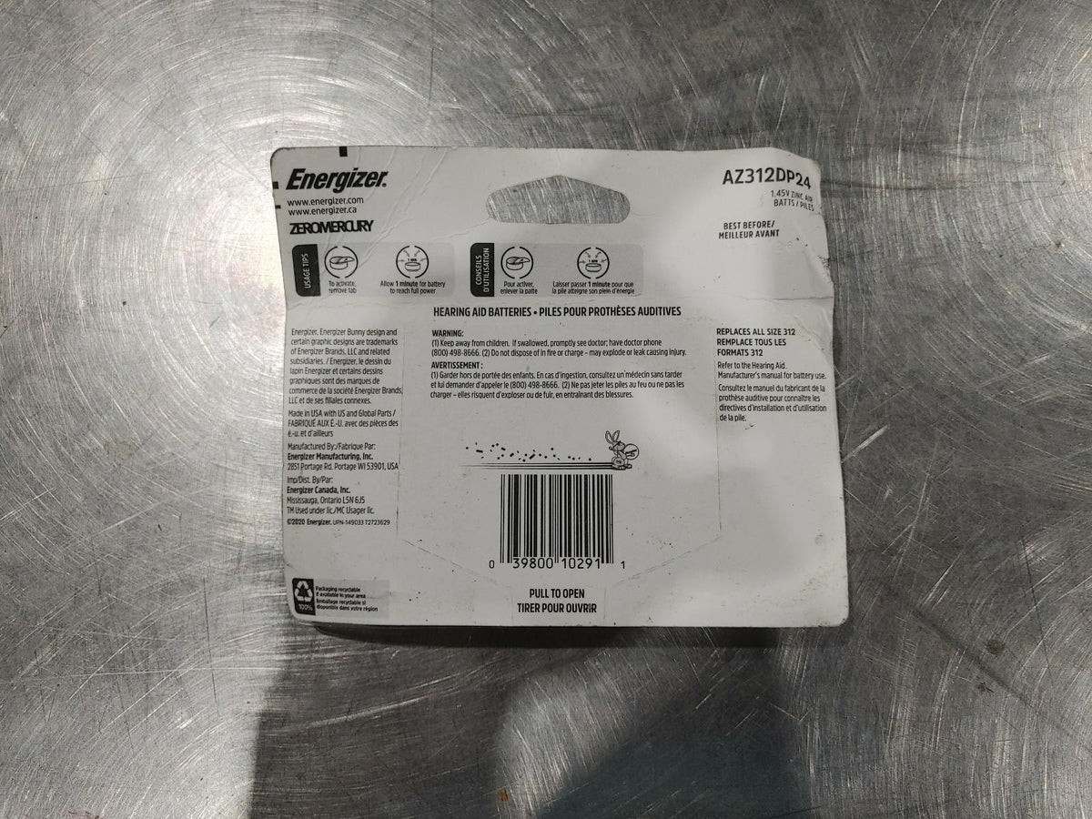 NEUF EN BOÎTE Piles boutons Energizer 312 pour appareils auditifs, lot de 24