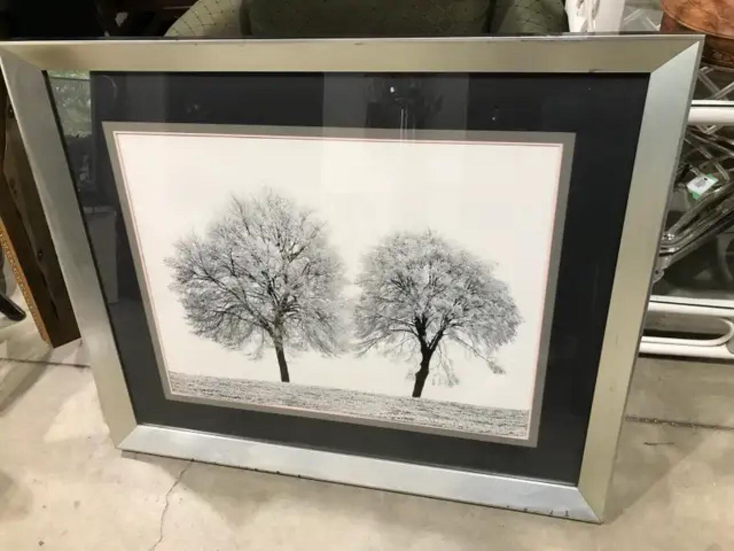 Large Framed Grey-Scale Wall Art: Two Trees in a Valley