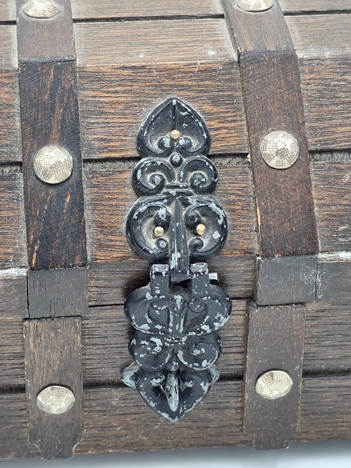 Vintage Wooden Treasure Chest Jewelry Trinket Box