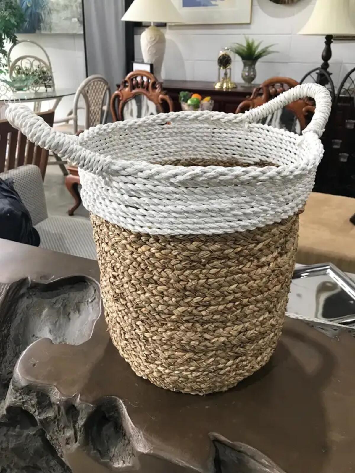 Woven Brown and White Seagrass Basket with Handles 10”