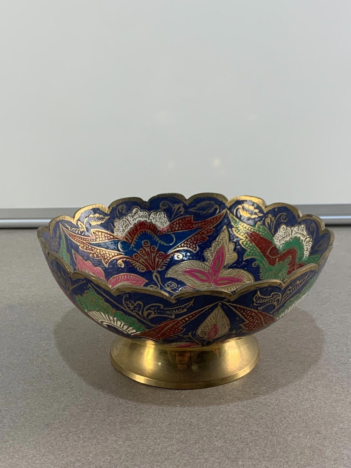 Antique hand engraved colored bowl brass metal and enamel