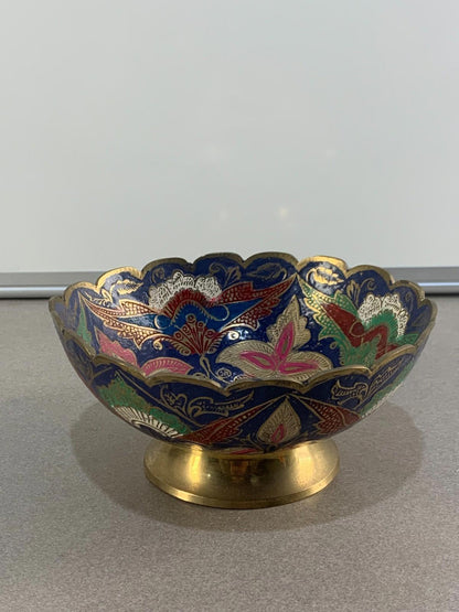 Antique hand engraved colored bowl brass metal and enamel