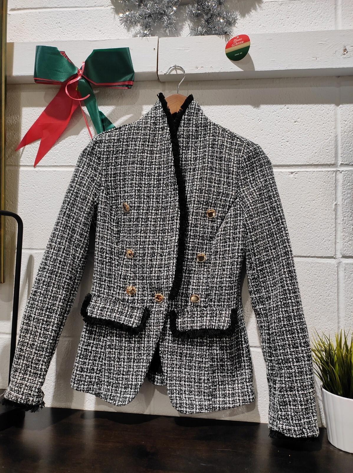 SHEIN Tall Plaid Pattern Double Breasted Tweed Blazer Size- S