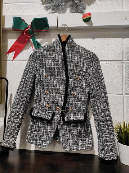 SHEIN Tall Plaid Pattern Double Breasted Tweed Blazer Size- S
