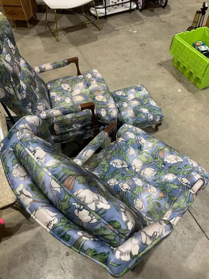 Blue Floral Wingback Chairs with footstool