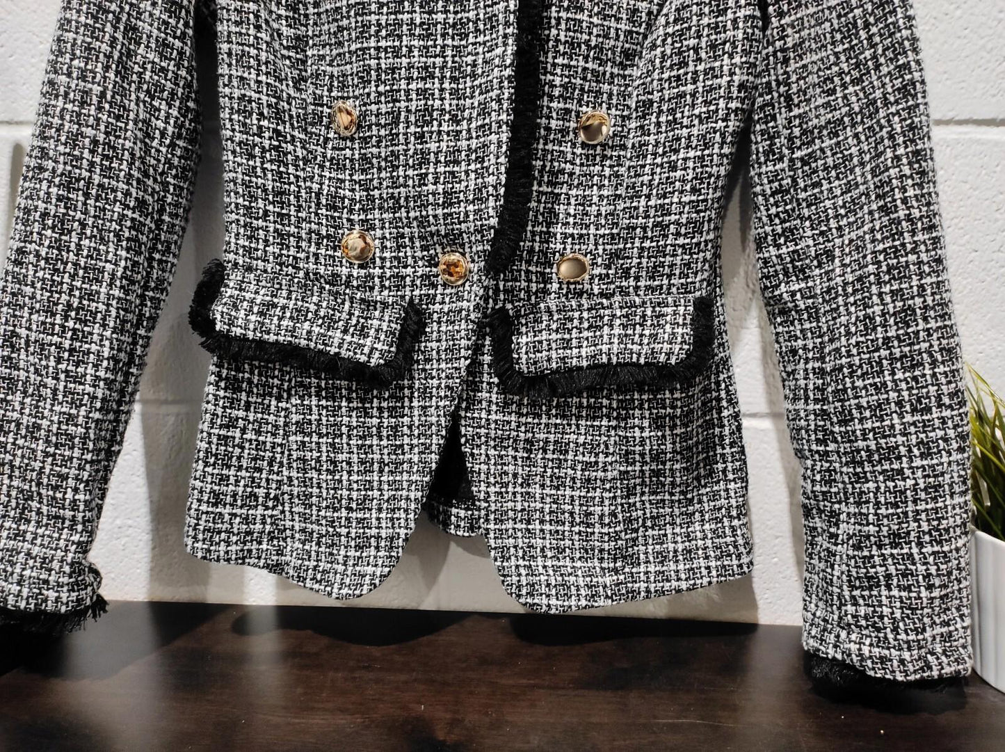 SHEIN Tall Plaid Pattern Double Breasted Tweed Blazer Size- S