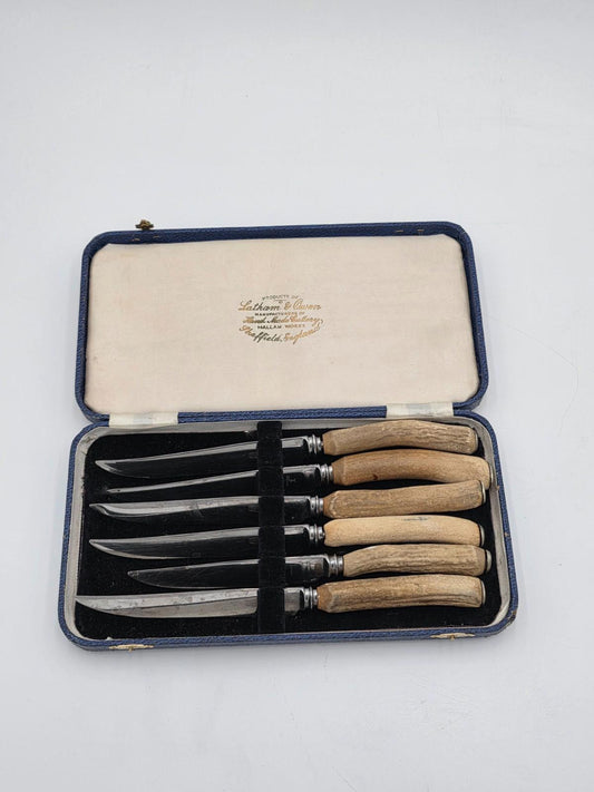 Set of 6 Latham & Owen Sheffield England Wooden Handle Dinner Knives Case