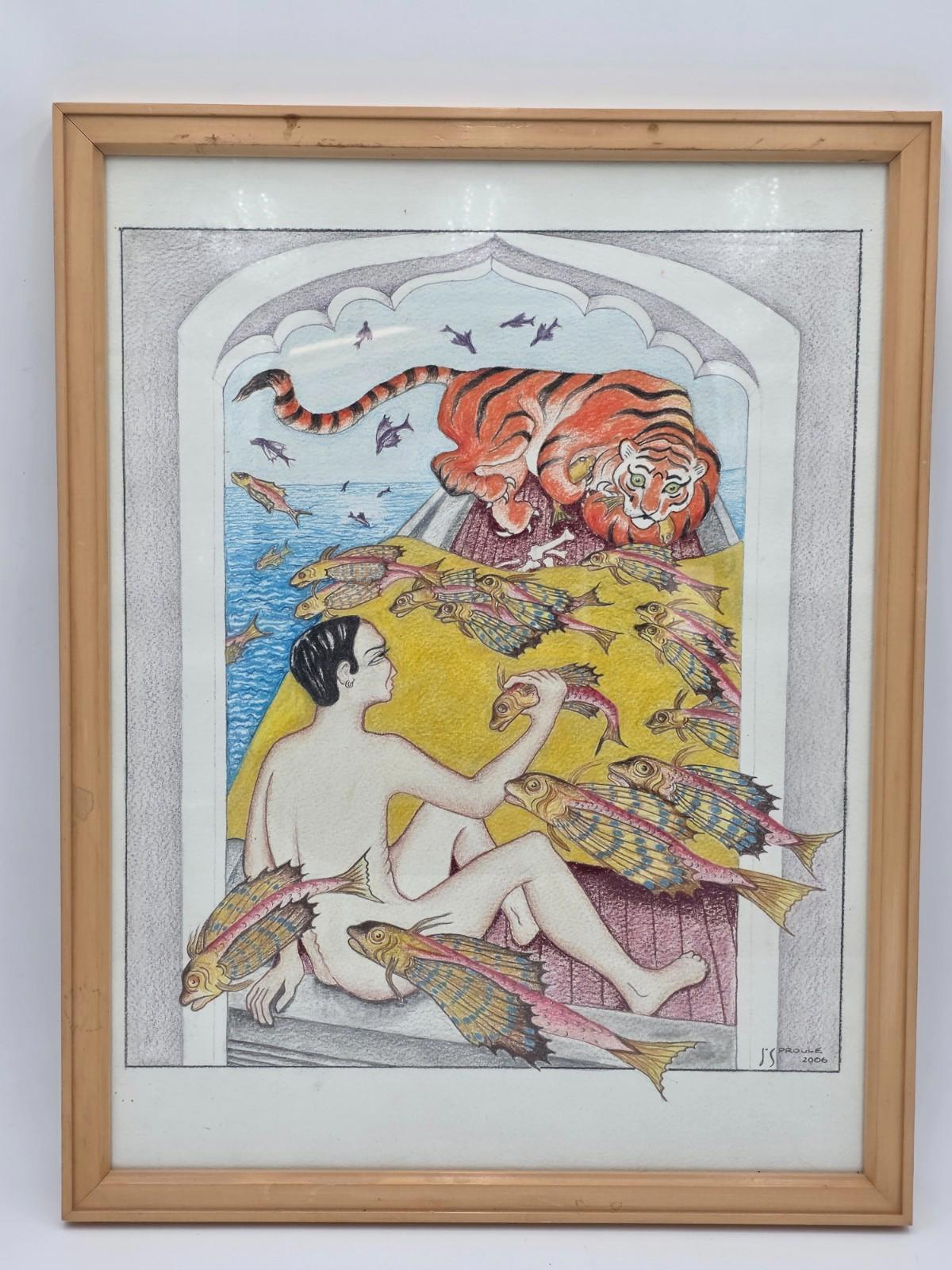 Original Indian Painting Handmade Artwork Man Fish Tiger Scene Folk Art