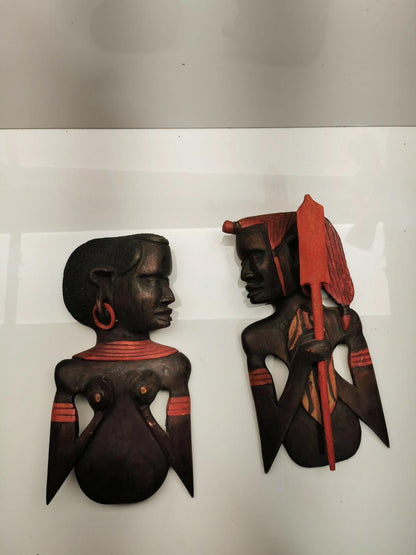Carved Wooden African Man and woman Profile Wall Art decor collectible face art
