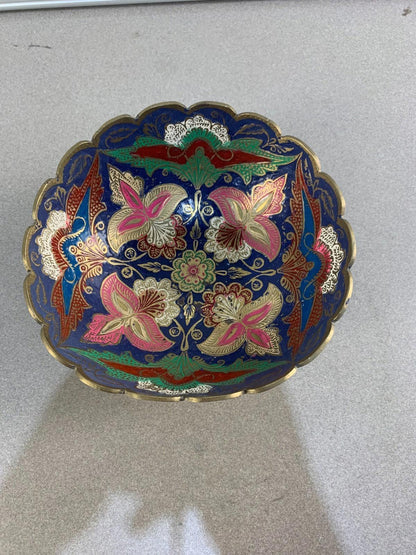Antique hand engraved colored bowl brass metal and enamel