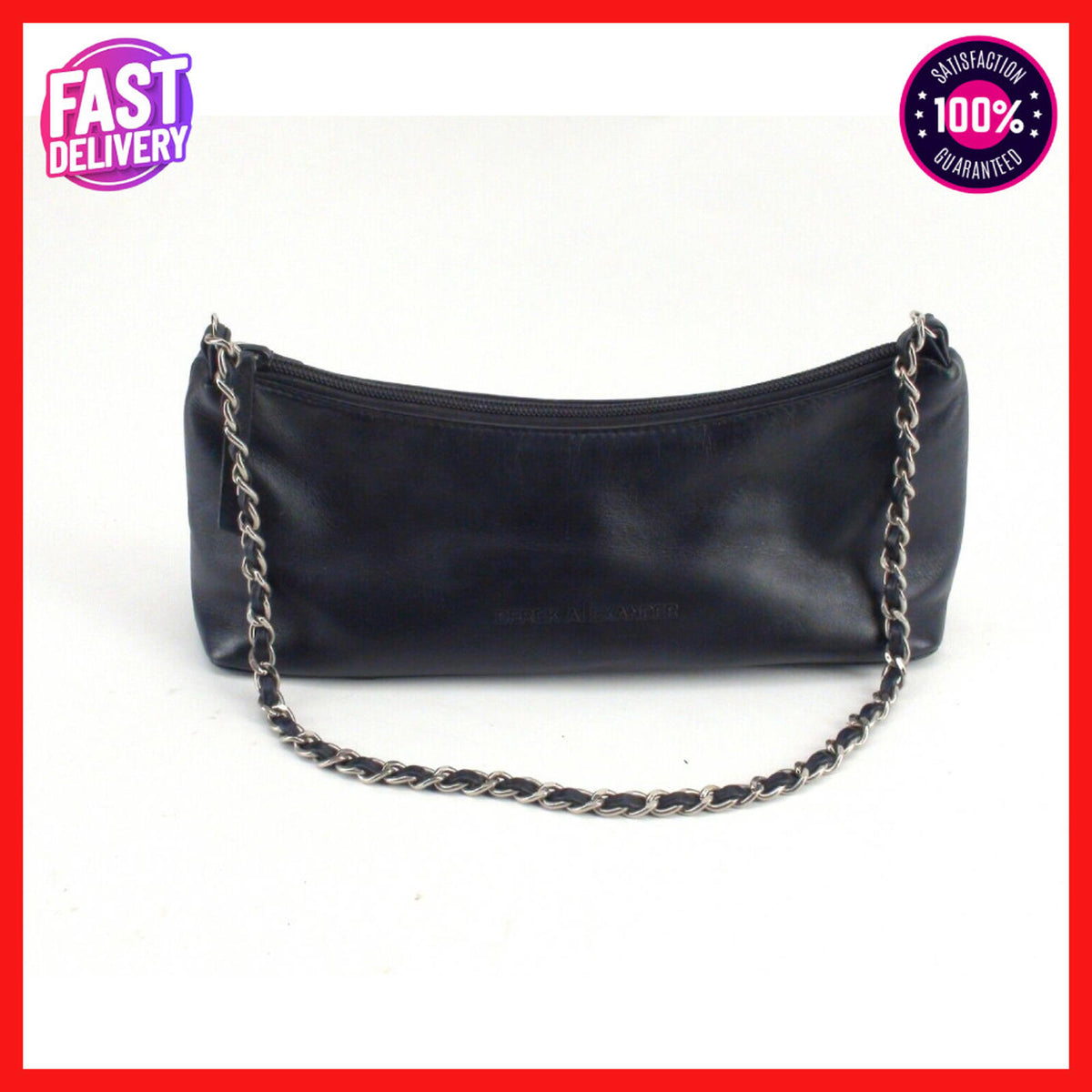 Derek Alexander Black Leather Purse With Chain Strap 12" x 4"