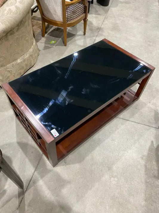 Wooden Black Glass Top Coffee Table with Geometric Design