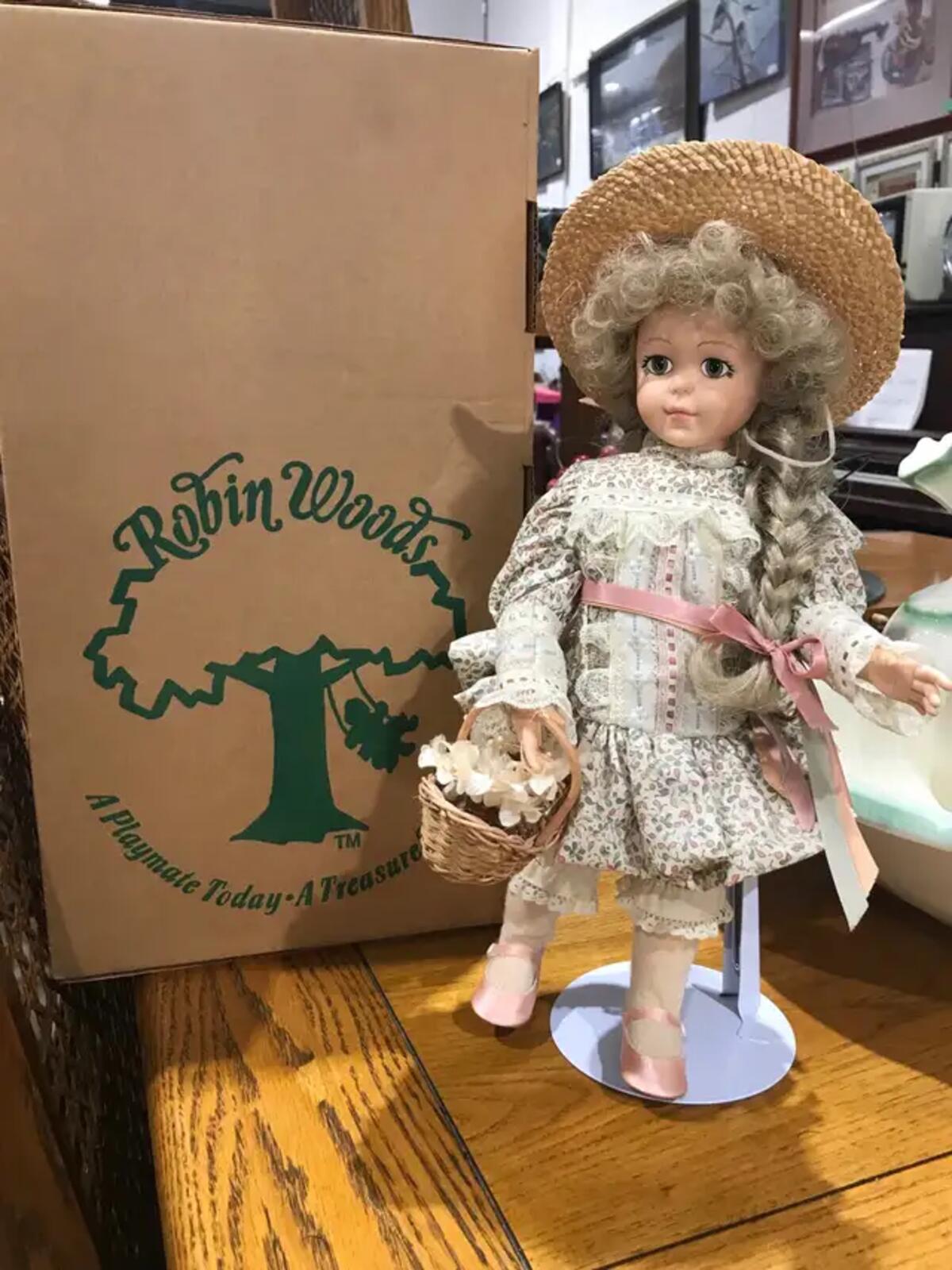 1987 Robin Woods Doll with Flower Basket and Straw Hat 15”
