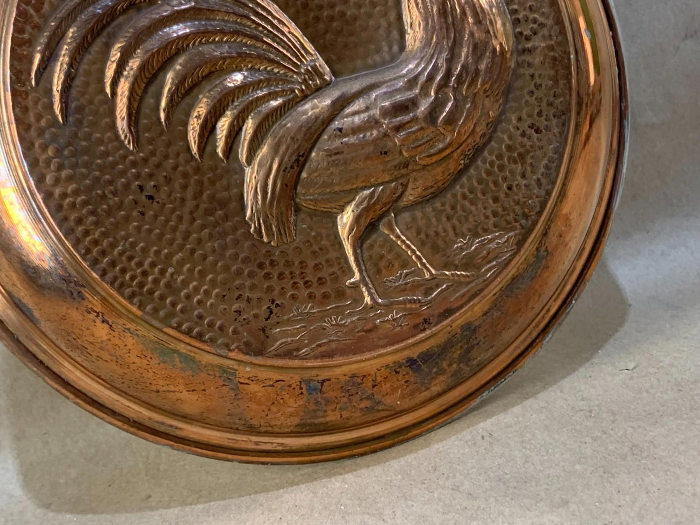 Vintage Copper Pan Mold Folk Rooster Brass Handle Great Patina