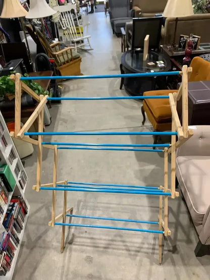 4 Tier Wooden Collapsible Drying Rack with Blue