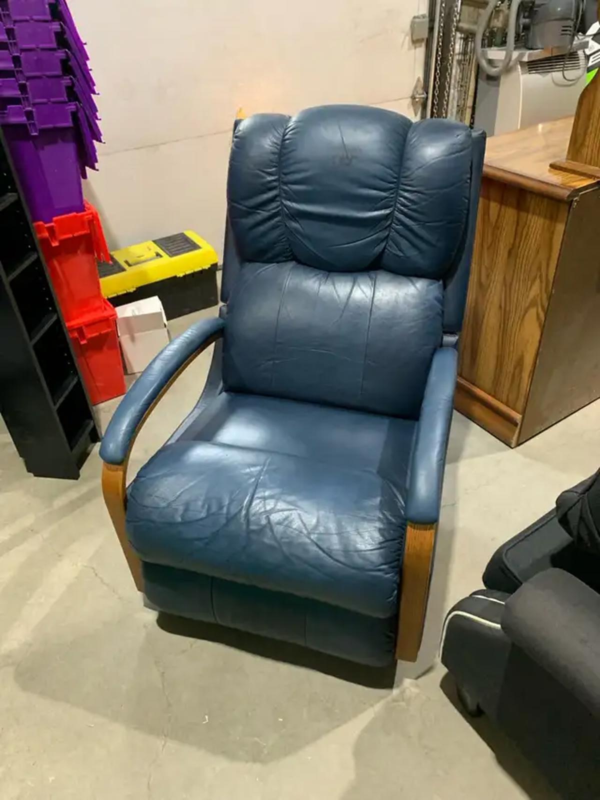 Blue Lazy-boy Leather Recliner with wooden handle