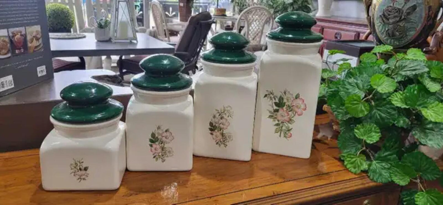 Floral Ceramic Canisters with Green Lids - Set of 4