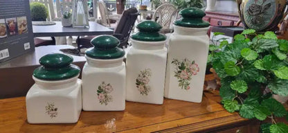 Floral Ceramic Canisters with Green Lids - Set of 4