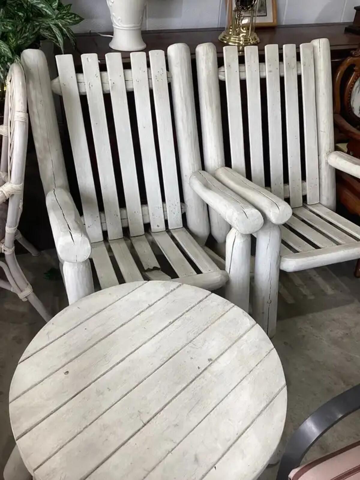 White Rustic Log Chairs and Table - Set of 3