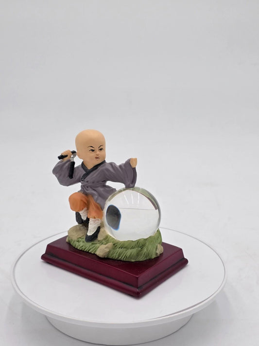 Shaolin Little Monk Kung Fu Boy Resin Figurine with Crystal Ball