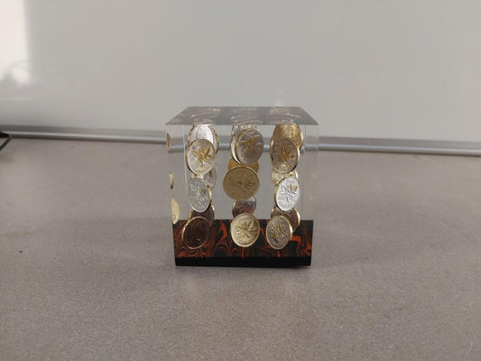 VINTAGE COLLECTIBLE Acrylic Cube With 27 1978 Canadian Pennies - Fair