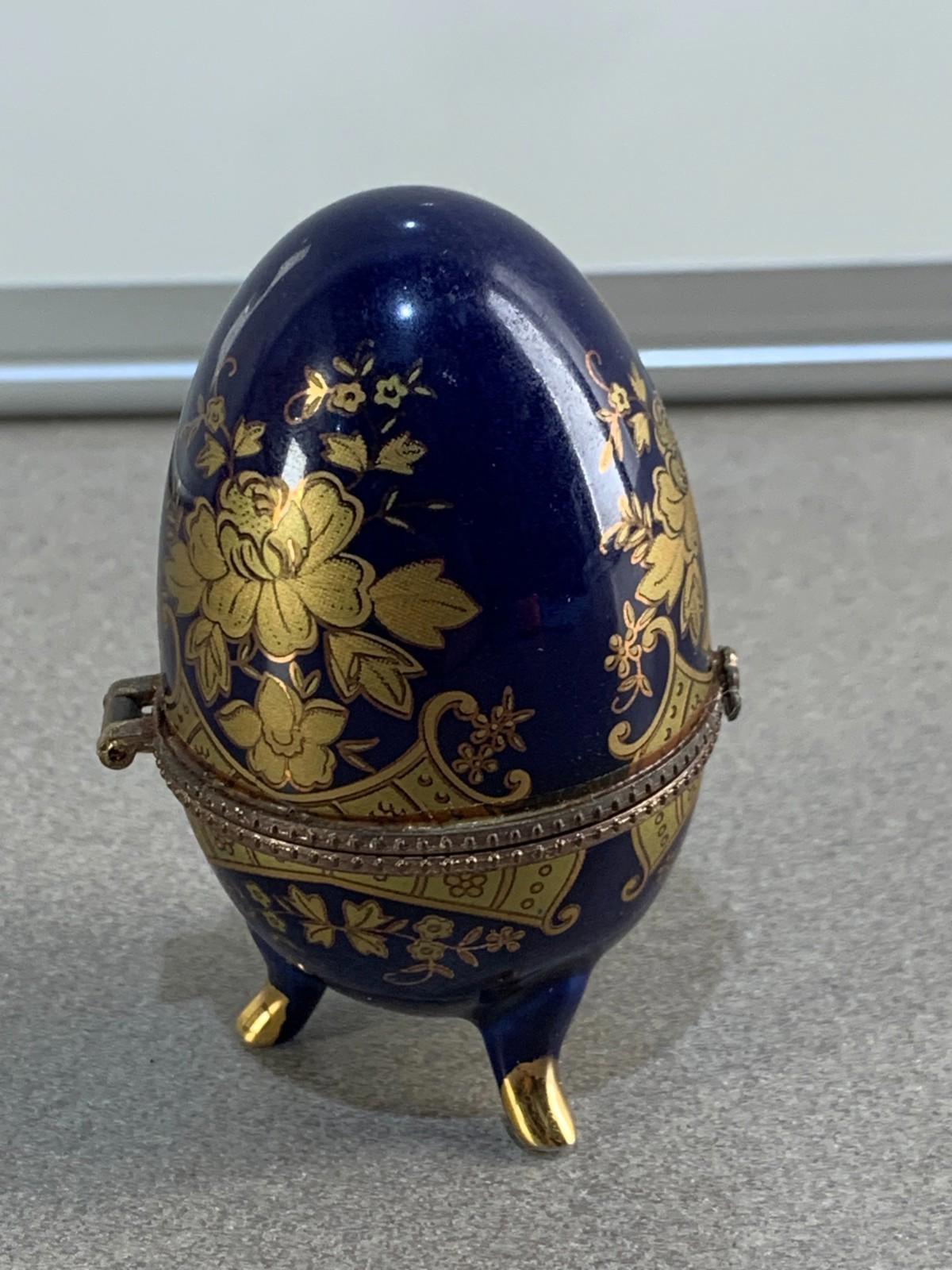 Floral AKM Vintage Porcelain Blue Egg Footed Trinket Box