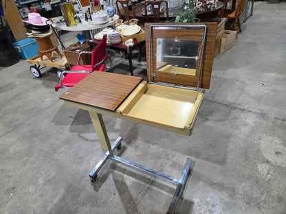 Vintage Adjustable Rolling Overbed Table w/ Storage & Mirror - 1974
