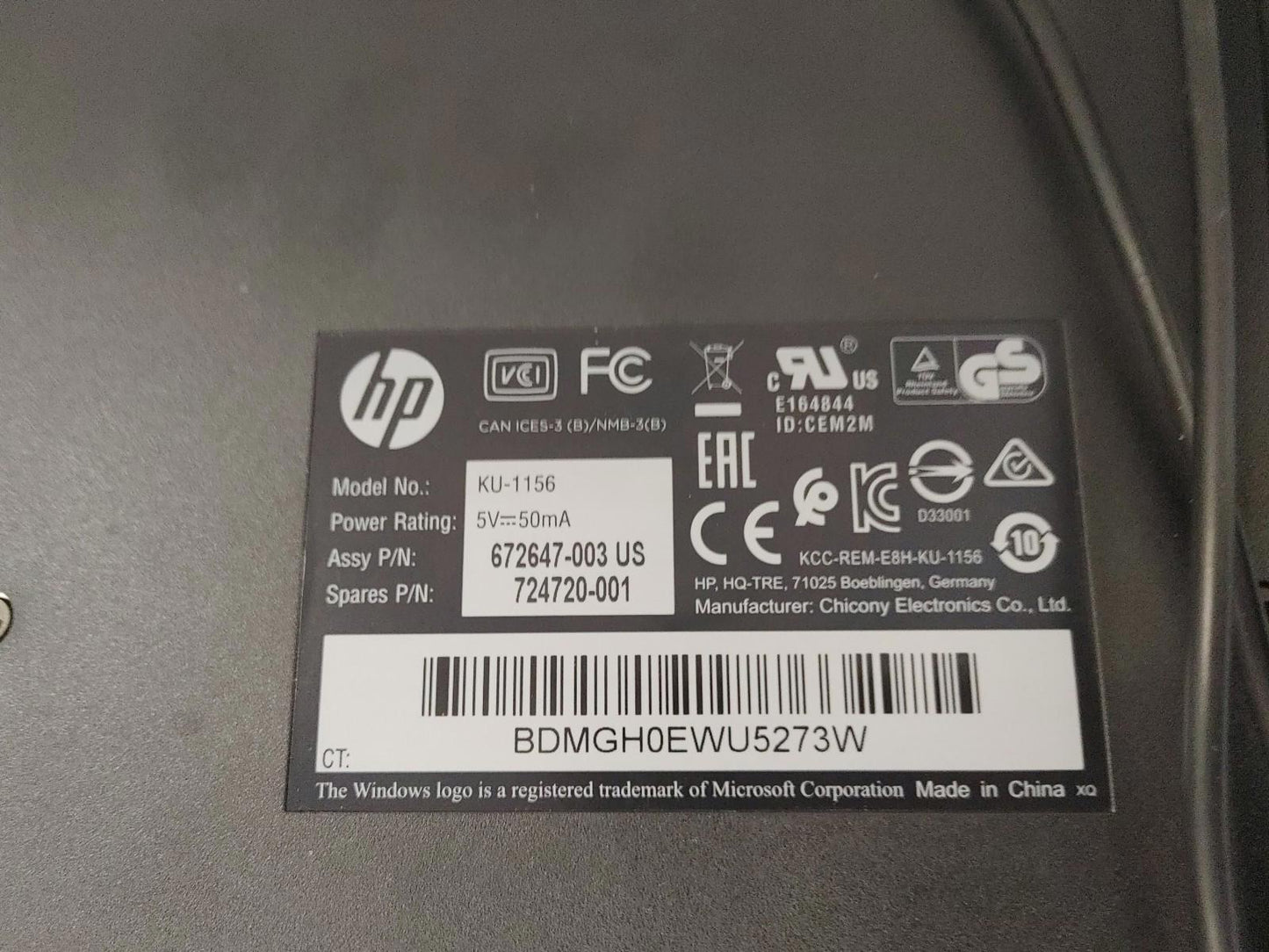 Good Condition HP Wired USB Keyboard Model KU-1156 Black Tested Working