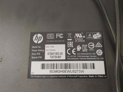 Good Condition HP Wired USB Keyboard Model KU-1156 Black Tested Working