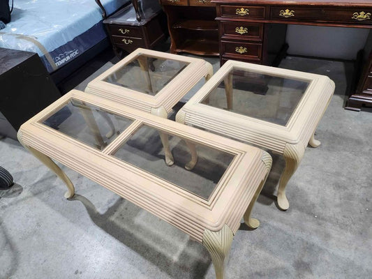 Solid Wood/Glass Matching Console & 2 End Tables