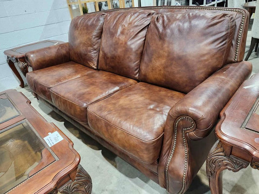 Brown Genuine Leather Studded 3-Seater Sofa