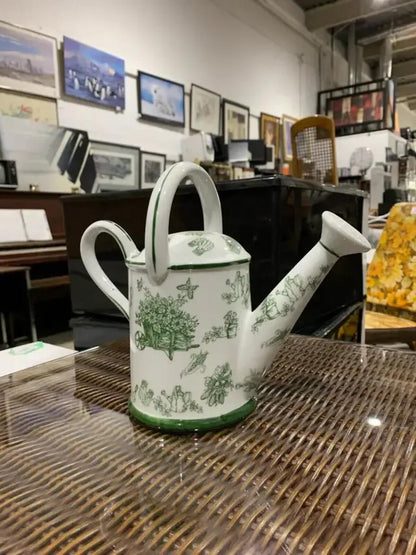 Decorative Ceramic Watering Can with green floral pattern