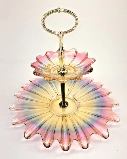 Unique Vintage Rare 2-Tier Cake Stand Federal Glass Celestial Marigold in Purple