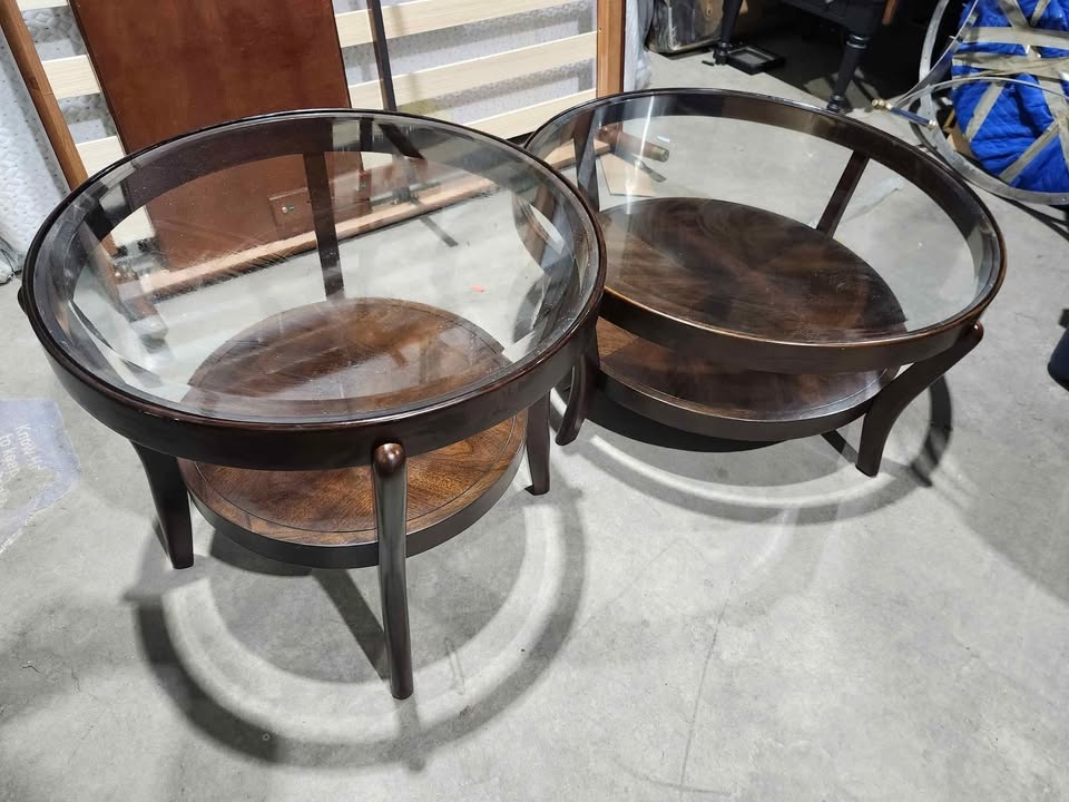 Round Mid-Century Oak & Glass Coffee Table