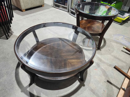 Round Mid-Century Oak & Glass Coffee Table