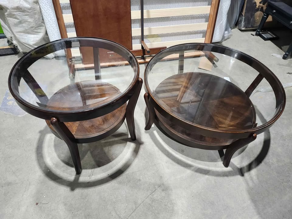 Round Mid-Century Oak & Glass Coffee Table