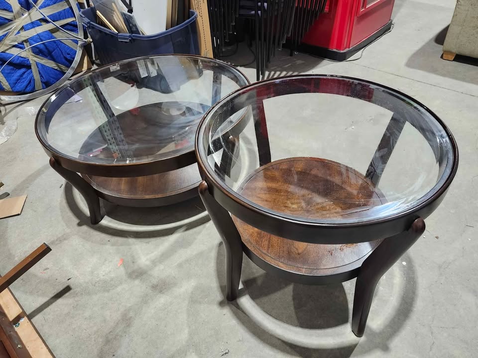 Round Mid-Century Oak & Glass Coffee Table